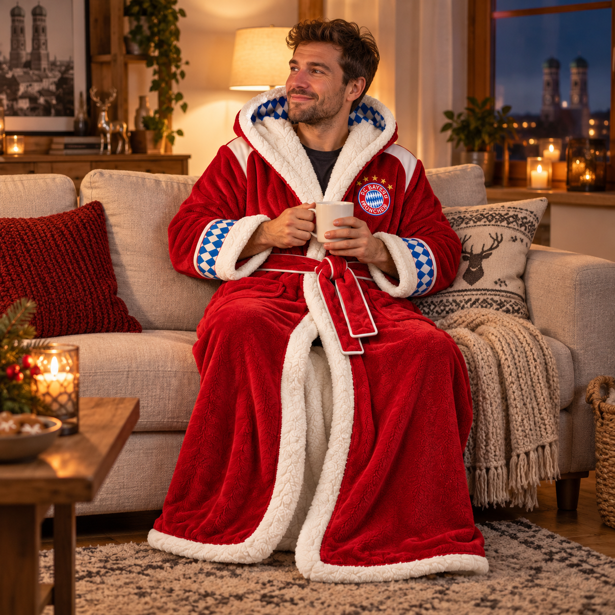 Mann im roten Bayern-Wärmemantel auf dem Sofa