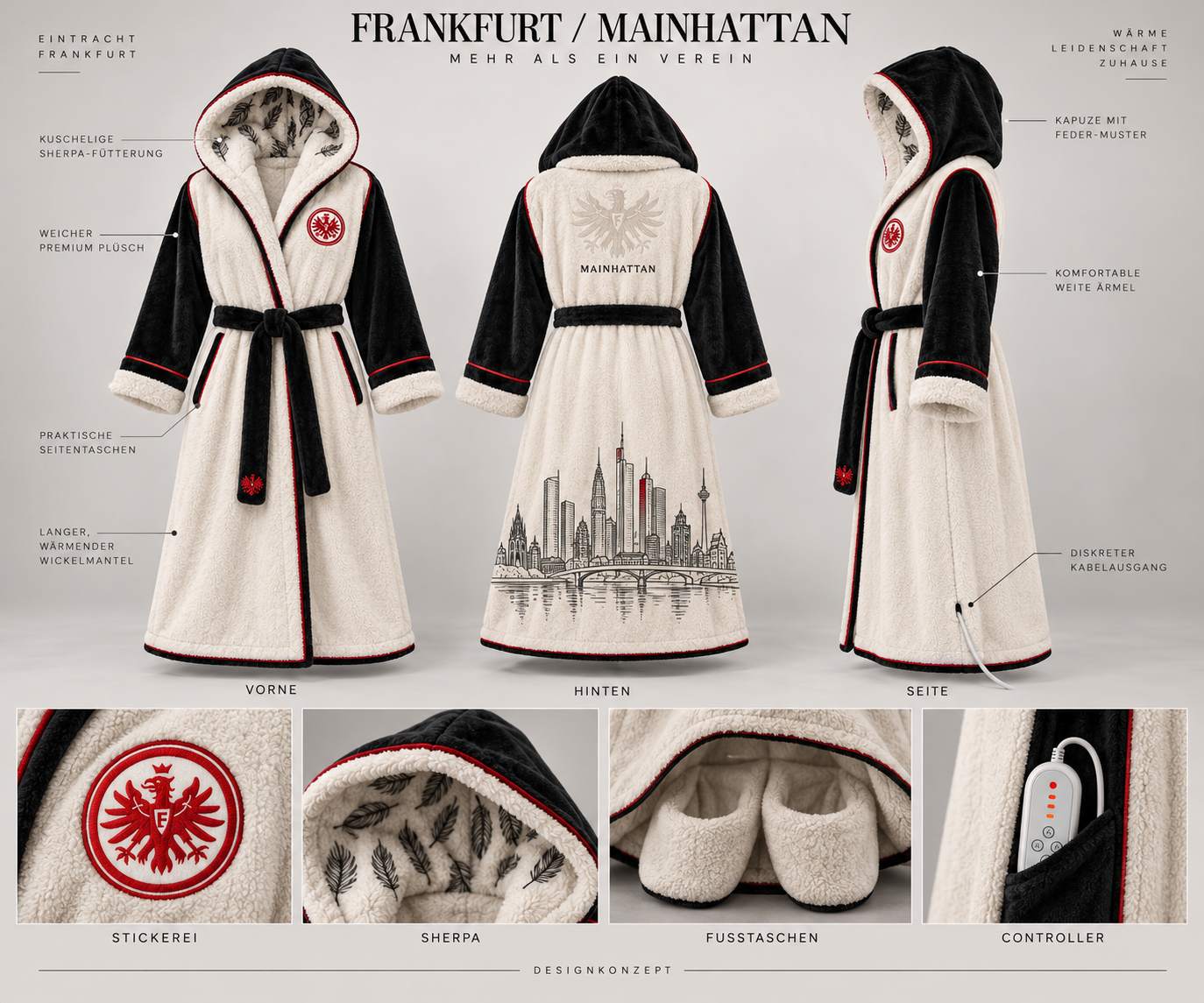 Frankfurt-Wärmemantel von vorne, hinten und der Seite mit Stoffdetails
